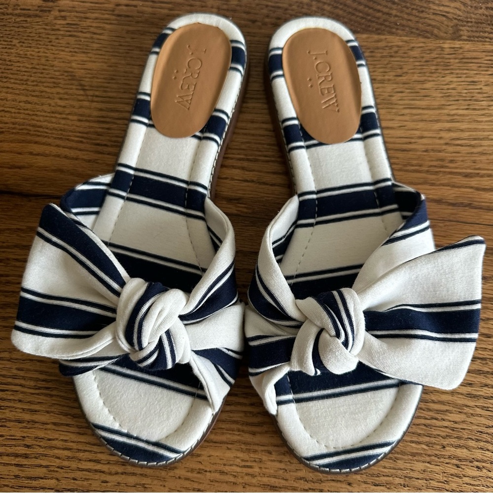 J. Crew Women's Striped Sandals Slide Navy and White Bow Sz 7